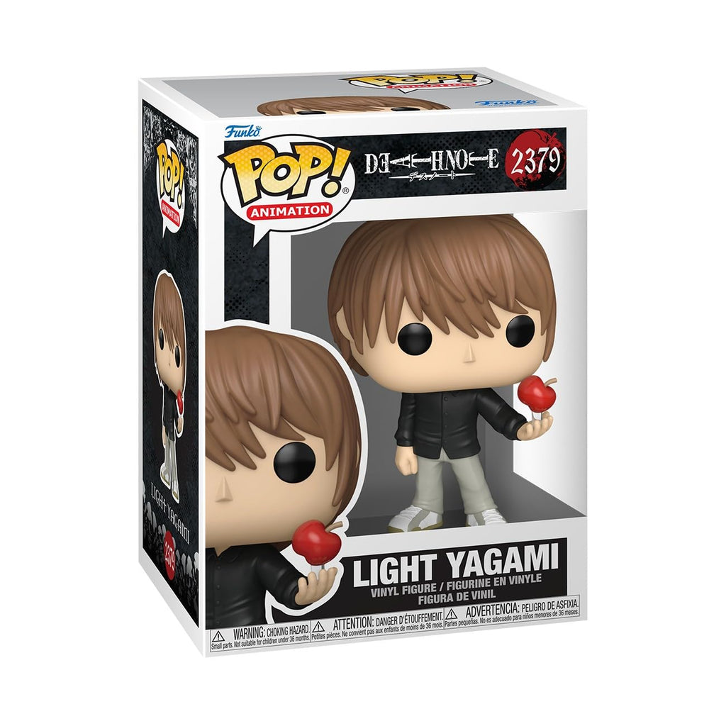 Authentic Funko Pop! Animation figure of Light Yagami from Death Note, holding an apple in a stylish pose.