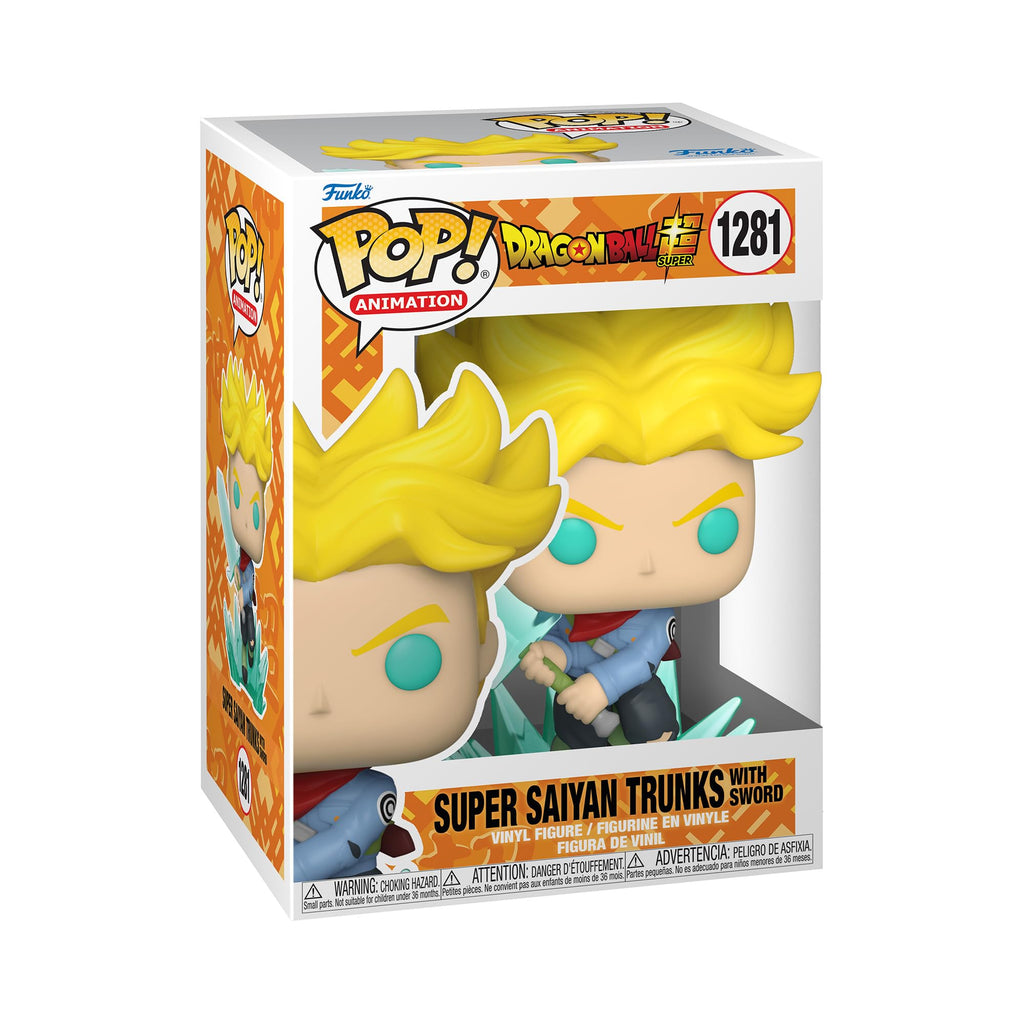 100% Genuine Funko POP! figure of Super Saiyan Trunks from Dragon Ball Super, featuring vibrant colors and sword.