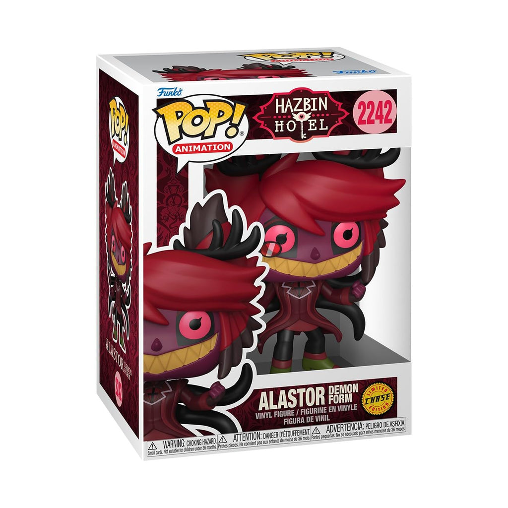 Official Funko POP! animation figure of Alastor from Hazbin Hotel, featuring vibrant colors and unique design in original packaging.