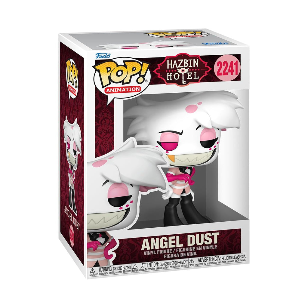 100% Genuine Funko POP! Angel Dust figure from Hazbin Hotel. Collectible vinyl figure in clear display box.