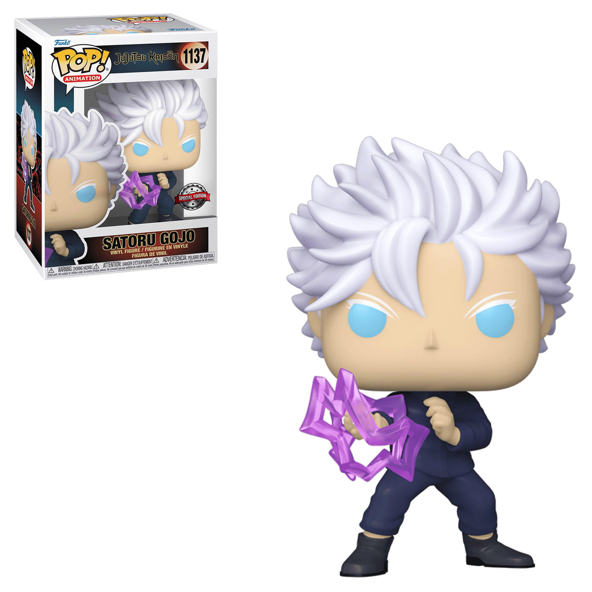 Premium imported Funko Pop! of Satoru Gojo from Jujutsu Kaisen. Features iconic blue eyes and purple hand accessory.