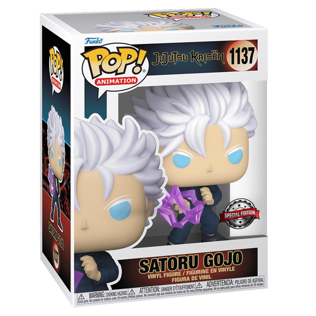 100% authentic Funko Pop! of Satoru Gojo from Jujutsu Kaisen, featuring his distinct white hair and purple energy.