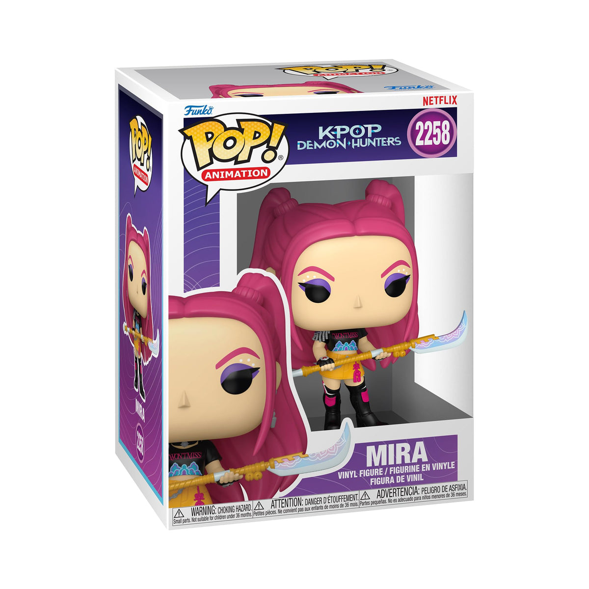 Authentic Funko Pop! figure of Mira from Kpop Demon Hunters, featuring vibrant colors and a stylish pose with a weapon.