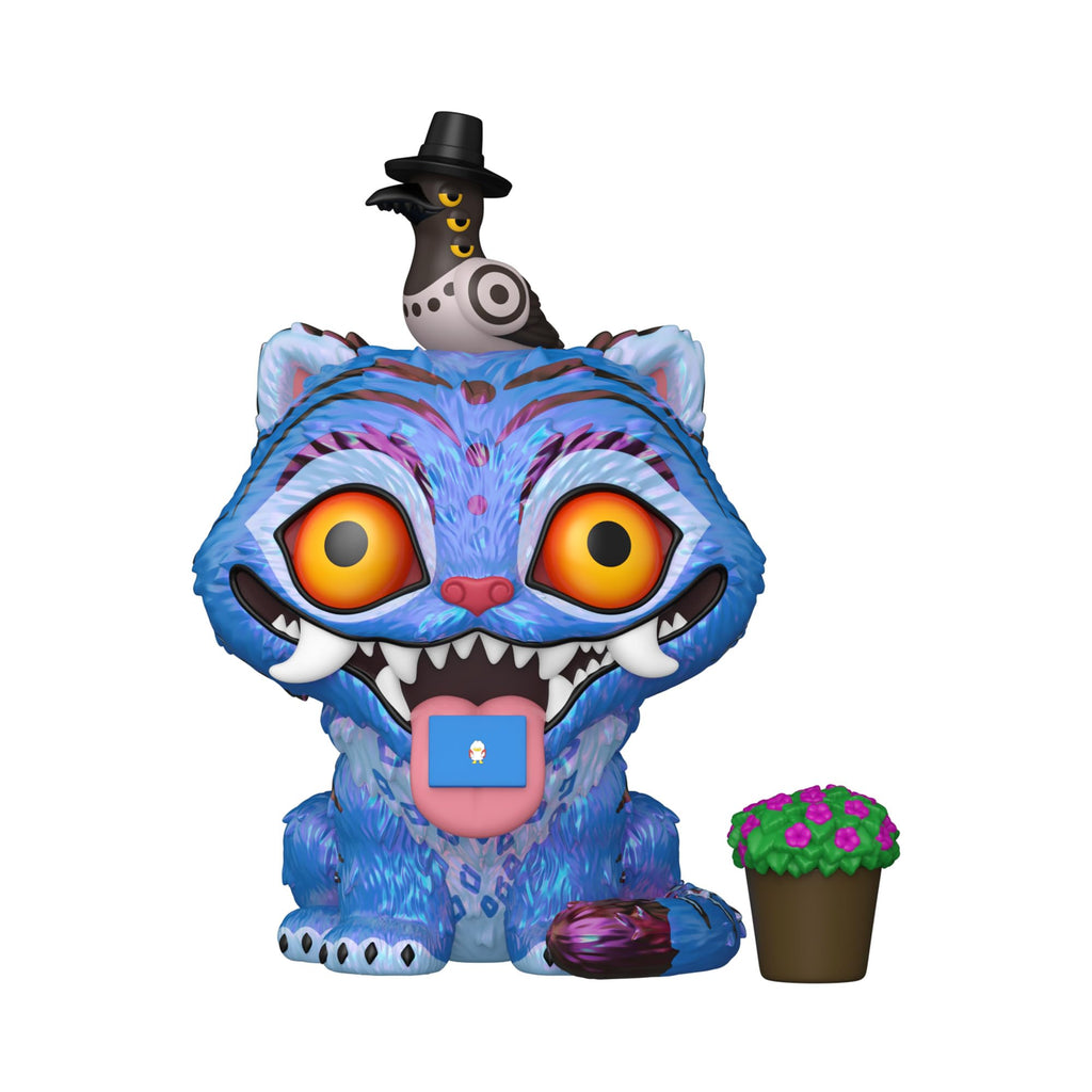 Colorful Funko Pop! figure of a blue cat-like demon with large eyes, a flower pot, and a bird on its head. Verified by CuratCart.