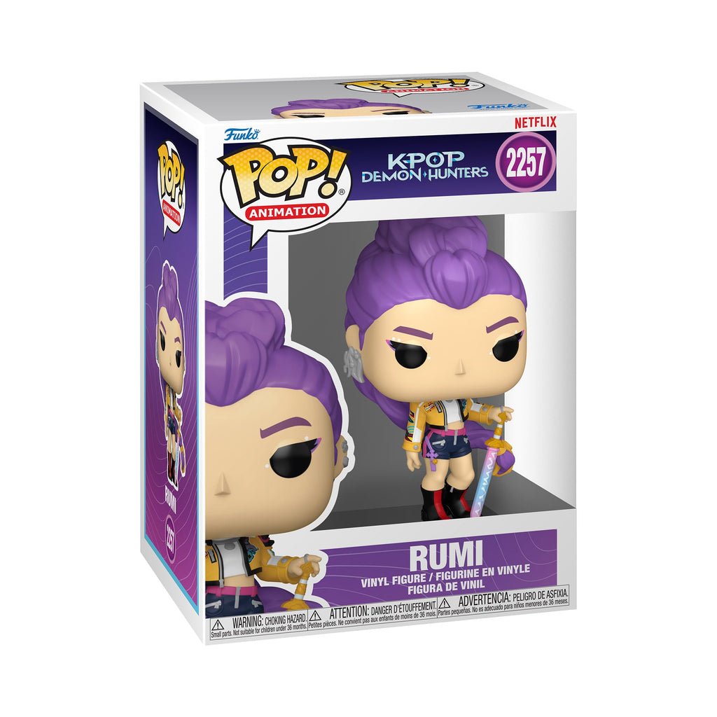 Authentic Funko POP! Kpop figure of Rumi from Netflix’s Demon Hunters, featuring vibrant colors and detail.