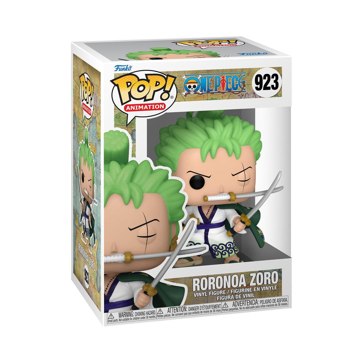 100% genuine Funko POP! animation figure of Rorono Zoro from One Piece, featuring vibrant green hair and dual swords.