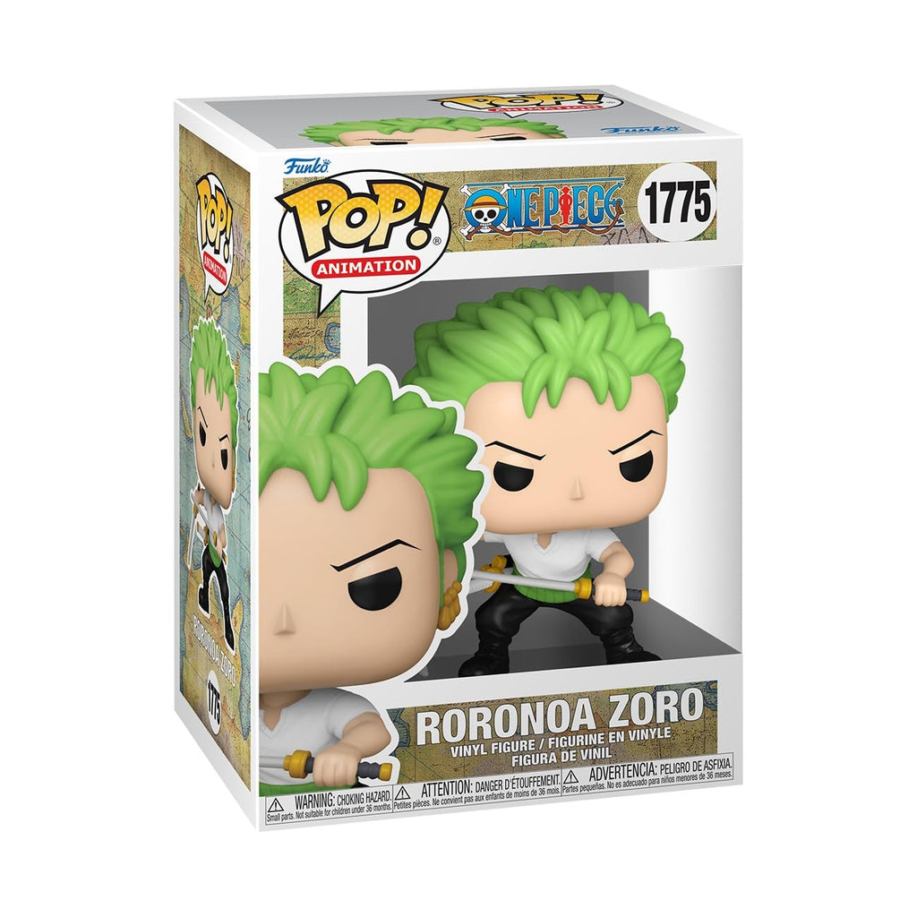 Authentic Funko POP! Animation figure of Zoro from One Piece, featuring vibrant green hair and a determined expression.