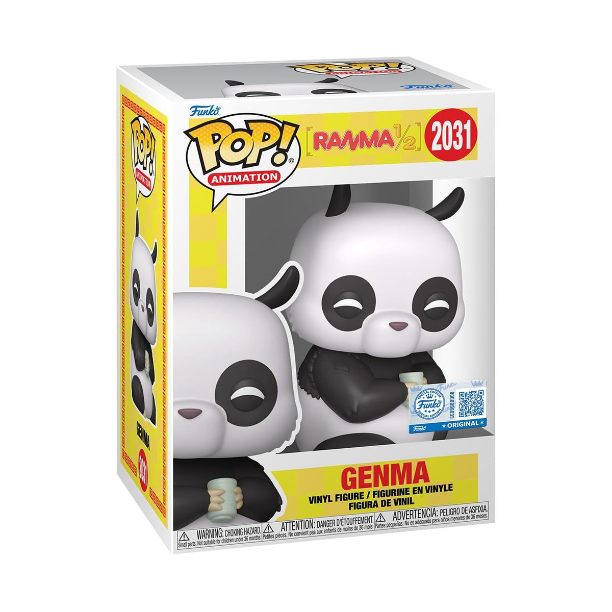 Authentic Funko POP! figure of Genma from Ranma 1/2. Cute panda design holding a cup, in original packaging.