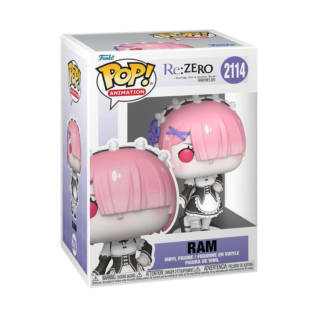 100% authentic Funko Pop! of Ram from Re: Zero features vibrant pink hair and a detailed outfit. Collectible figure, perfect for fans.