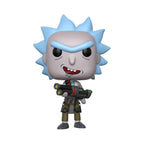 Funko POP of Rick from Rick and Morty, holding a futuristic weapon. Verified by CuratCart for trust.