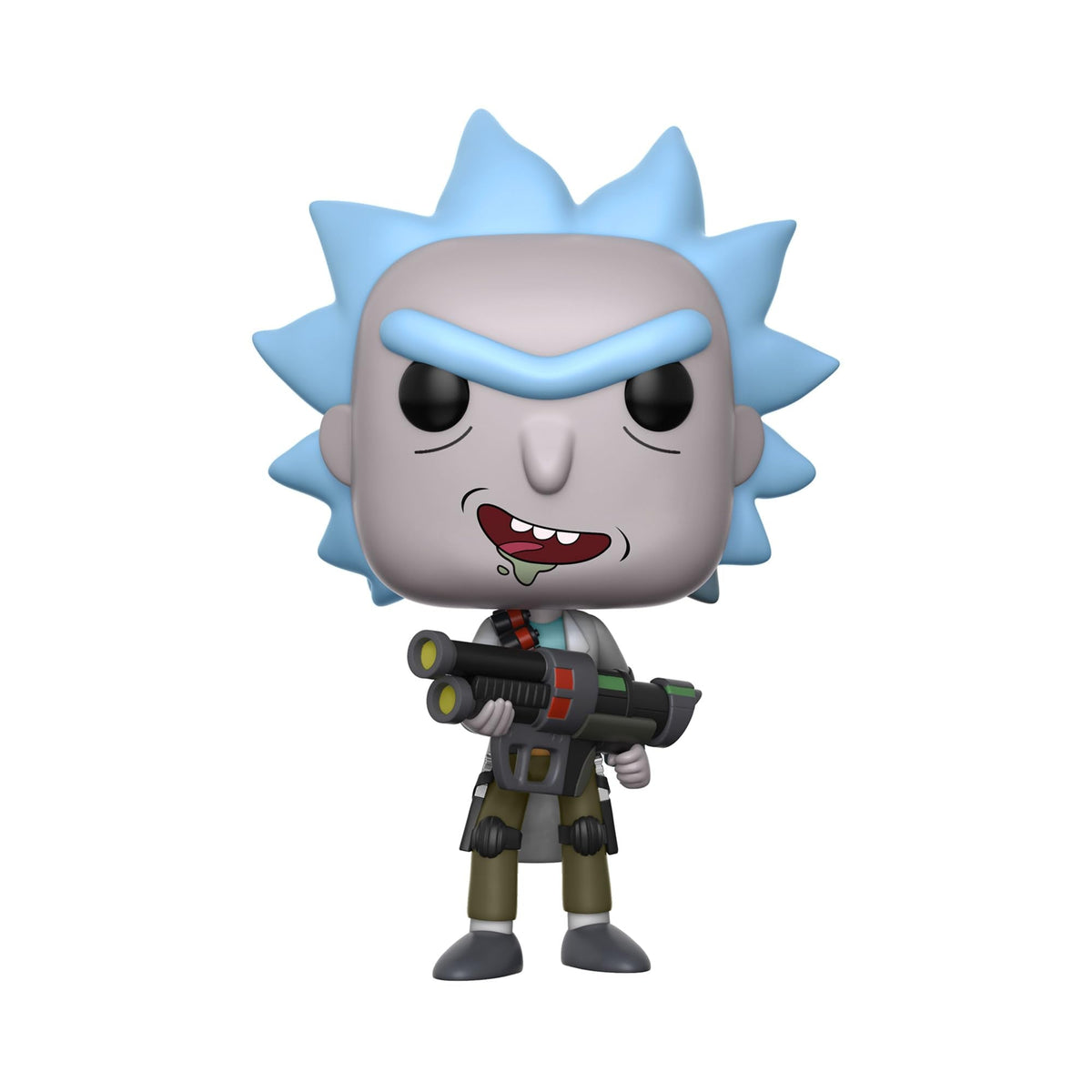 Funko POP of Rick from Rick and Morty, holding a futuristic weapon. Verified by CuratCart for trust.