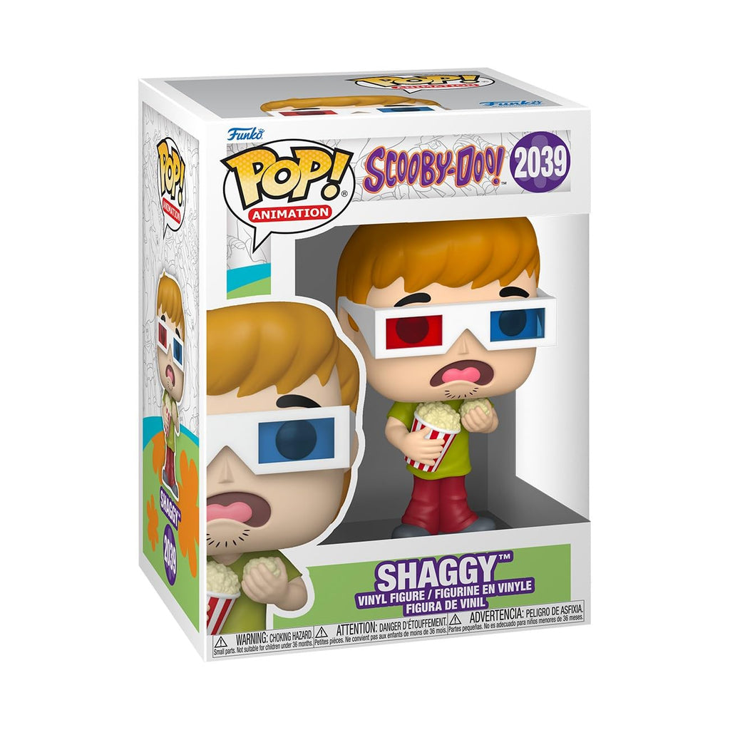 100% genuine Funko POP! Shaggy figure from Scooby-Doo, featuring vibrant colors and iconic 3D glasses. Collectible item.