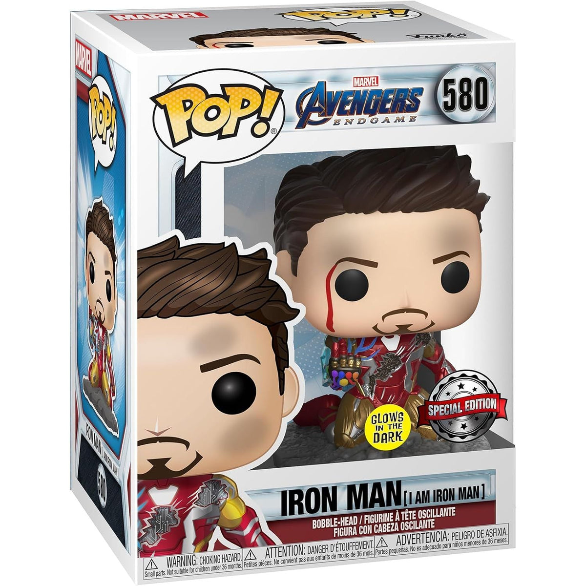 Official Funko Pop! Iron Man Deluxe Figure from Avengers: Endgame, glows in the dark, in original packaging.