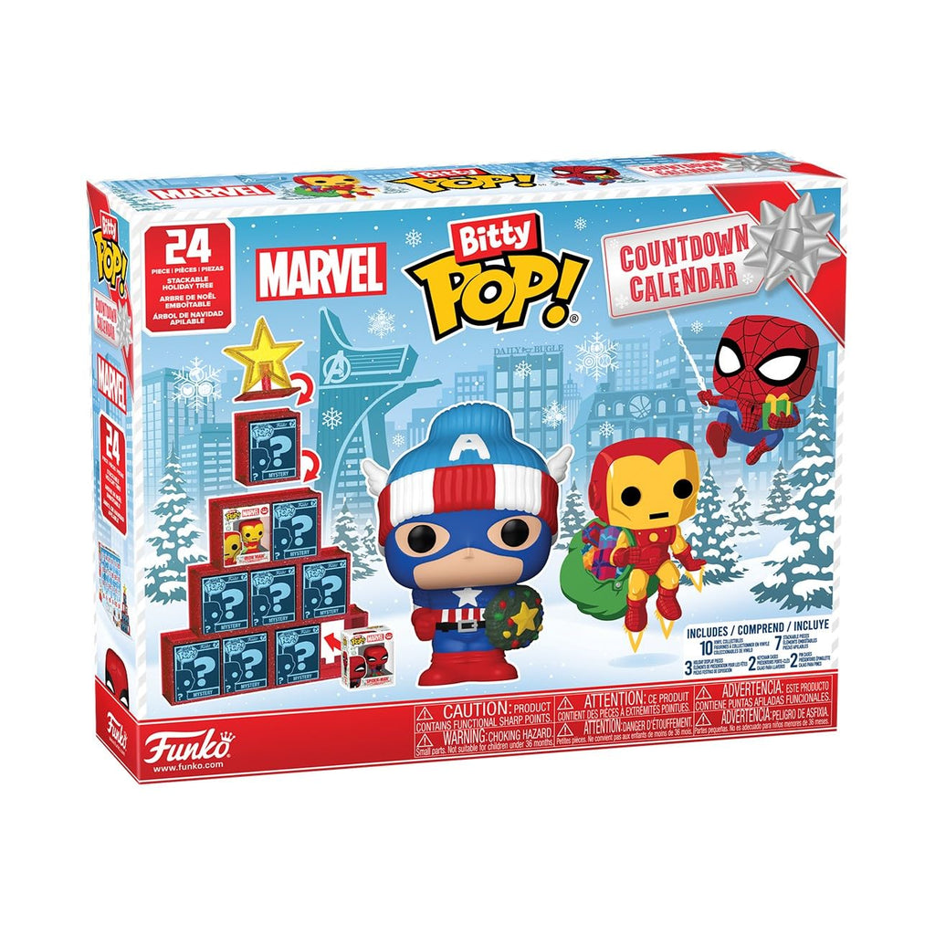Authentic Funko Pop! Bitty Countdown Calendar featuring Marvel's iconic characters including Captain America and Iron Man.