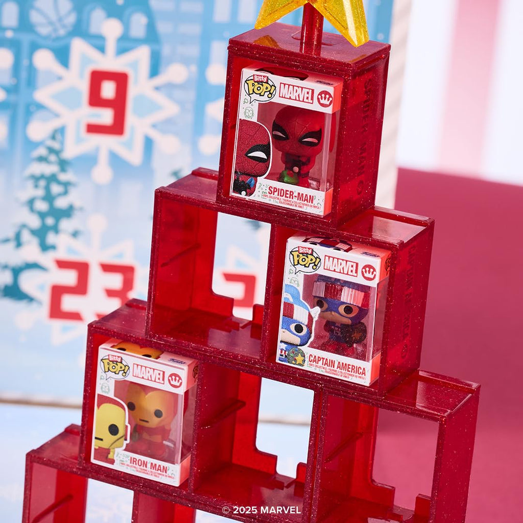 Official Funko Pop! Bitty Countdown Calendar featuring Marvel characters Spider-Man, Captain America, and Iron Man in festive packaging.