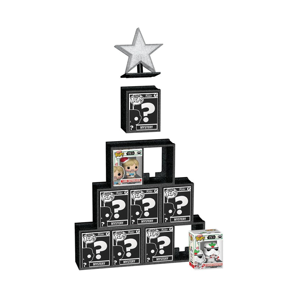 Official Funko Pop! Bitty Countdown Calendar featuring a unique black box design with festive star topper and 11 mystery figures.