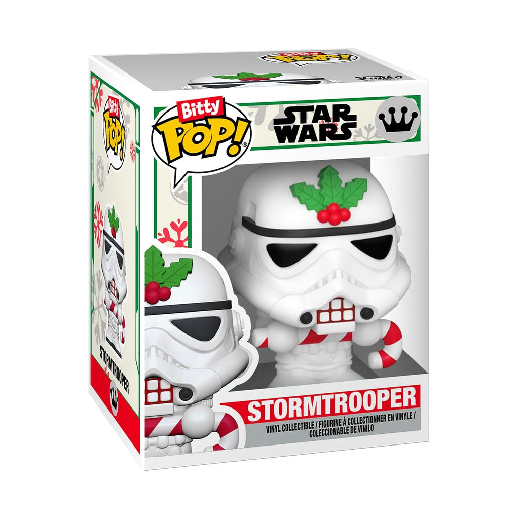 Authentic Funko Pop! Bitty Countdown Calendar featuring a festive Stormtrooper with holly and candy cane details.