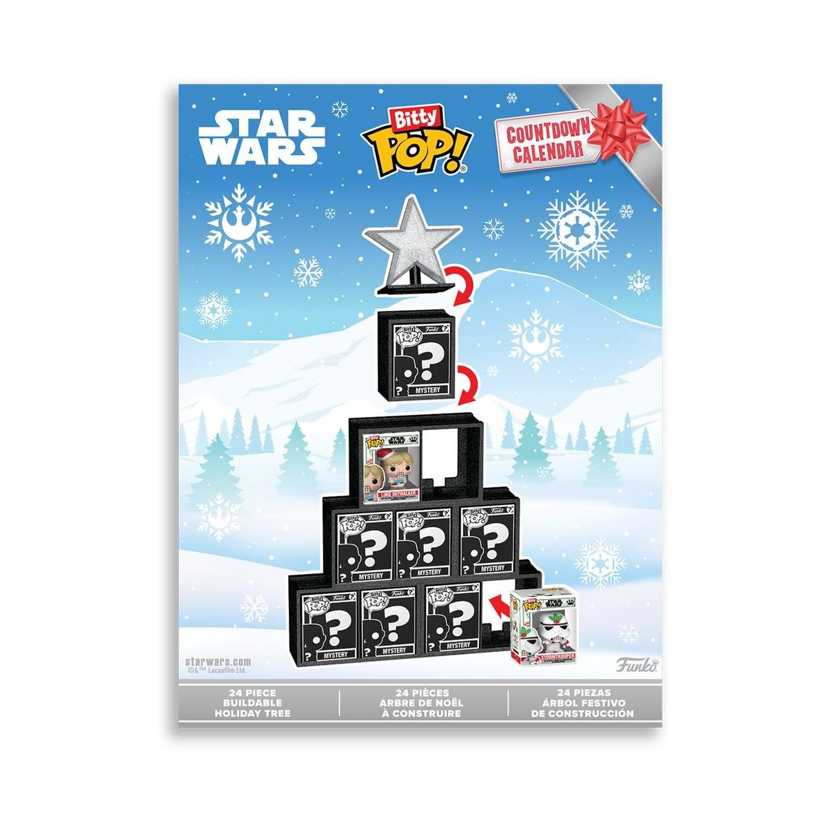 Premium imported Funko Pop! Bitty Countdown Calendar featuring 24 pieces for building a holiday tree with surprise figures.