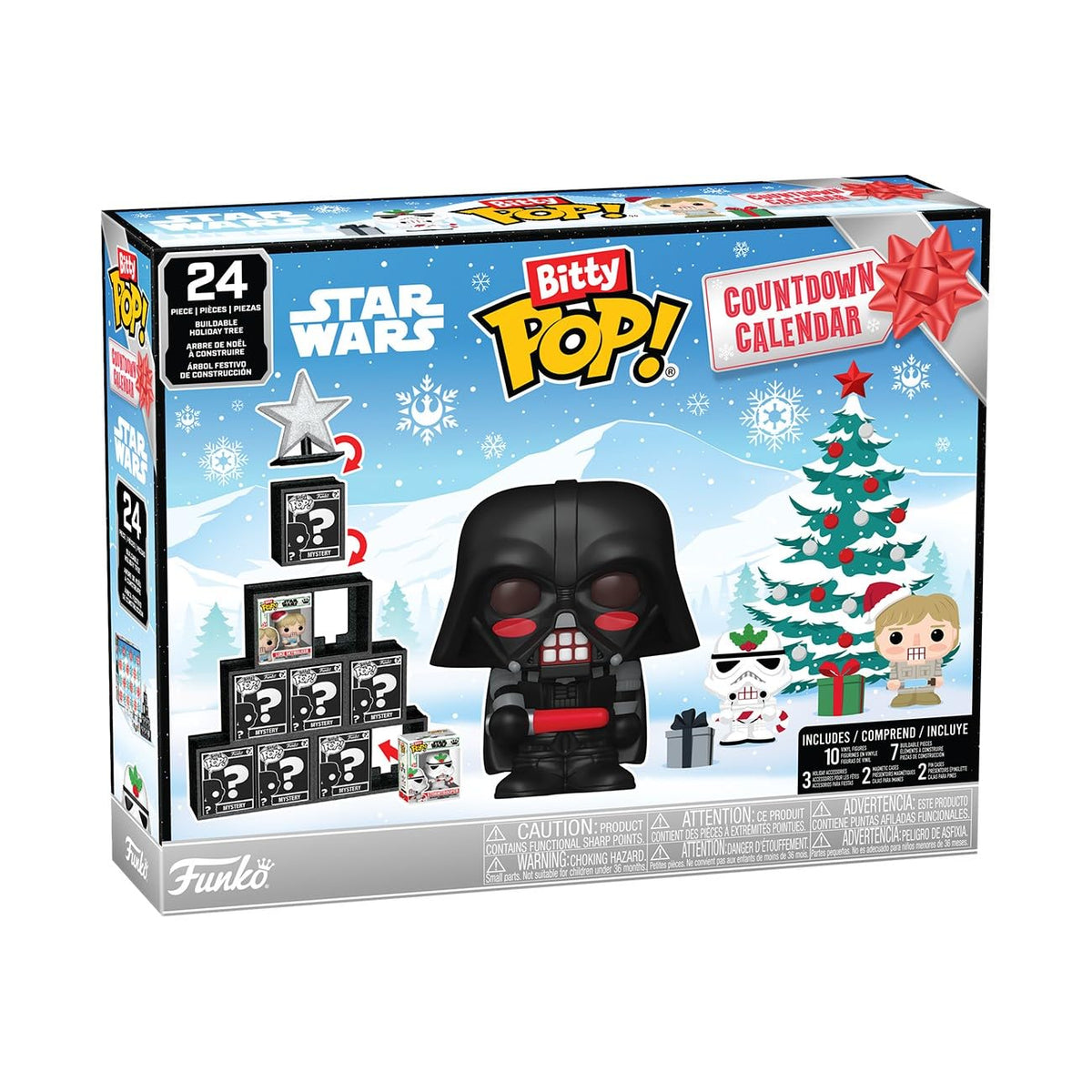 Celebrate the season with this authentic Funko Pop! Bitty Countdown Calendar featuring Star Wars characters and festive decorations.