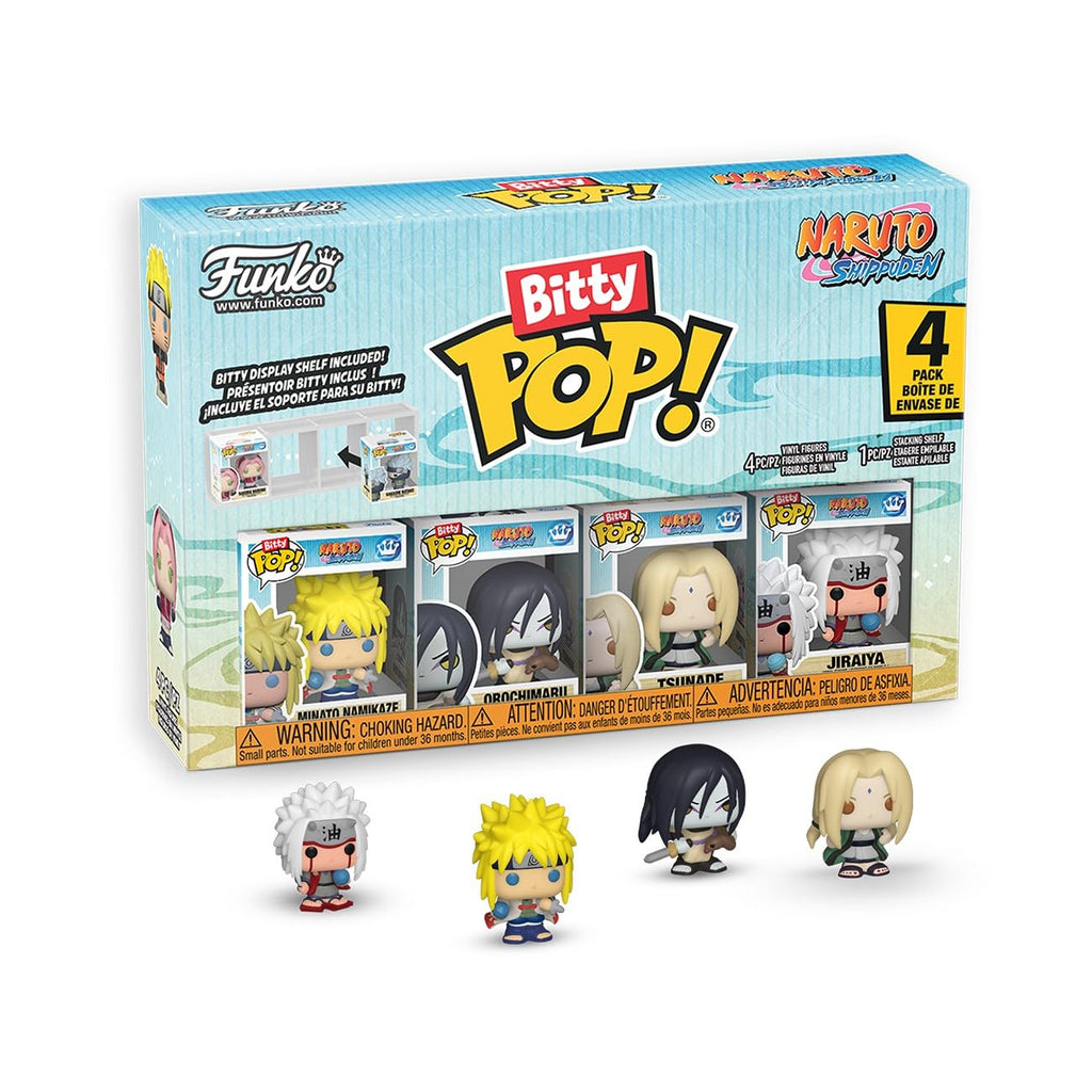 Authentic Funko Pop! Bitty Naruto Shippuden set includes four collectible figures: Naruto, Sasuke, Jiraiya, and Sakura.