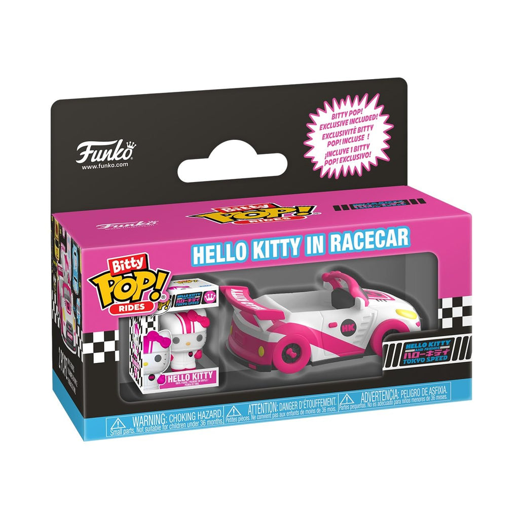 100% Genuine Funko Pop! Bitty Ride featuring Hello Kitty in a pink racecar packaging. Perfect collectible for fans!