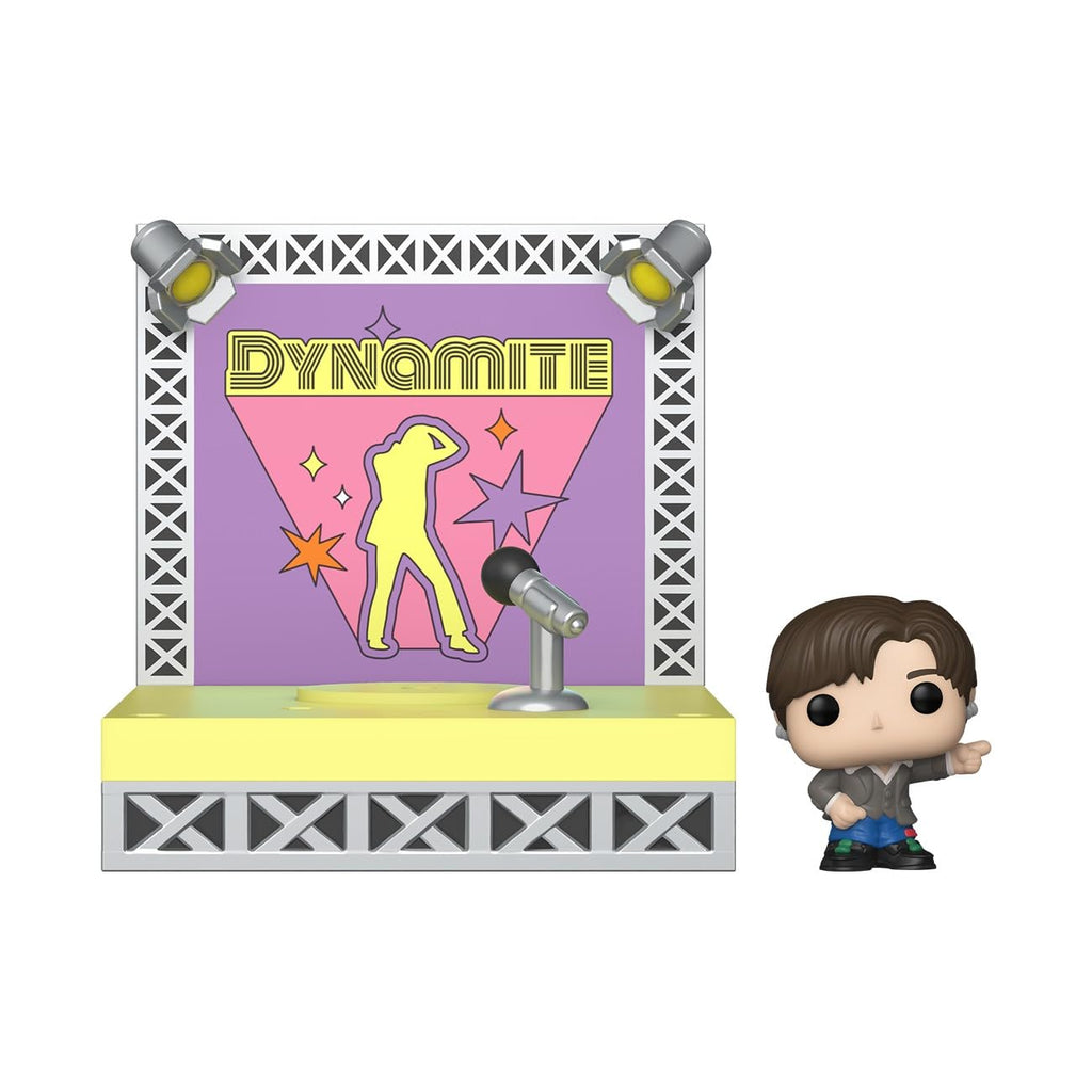 Collectible Funko Pop! features a BTS member on stage with a vibrant 'Dynamite' backdrop. Verified by CuratCart for trust.