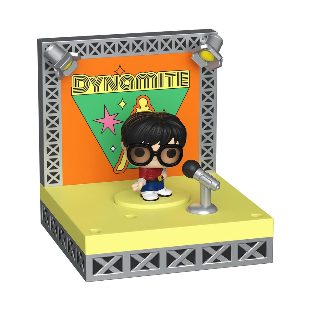 Premium imported Funko Pop! figure of BTS in Dynamite stage setup, featuring vibrant colors and a microphone.