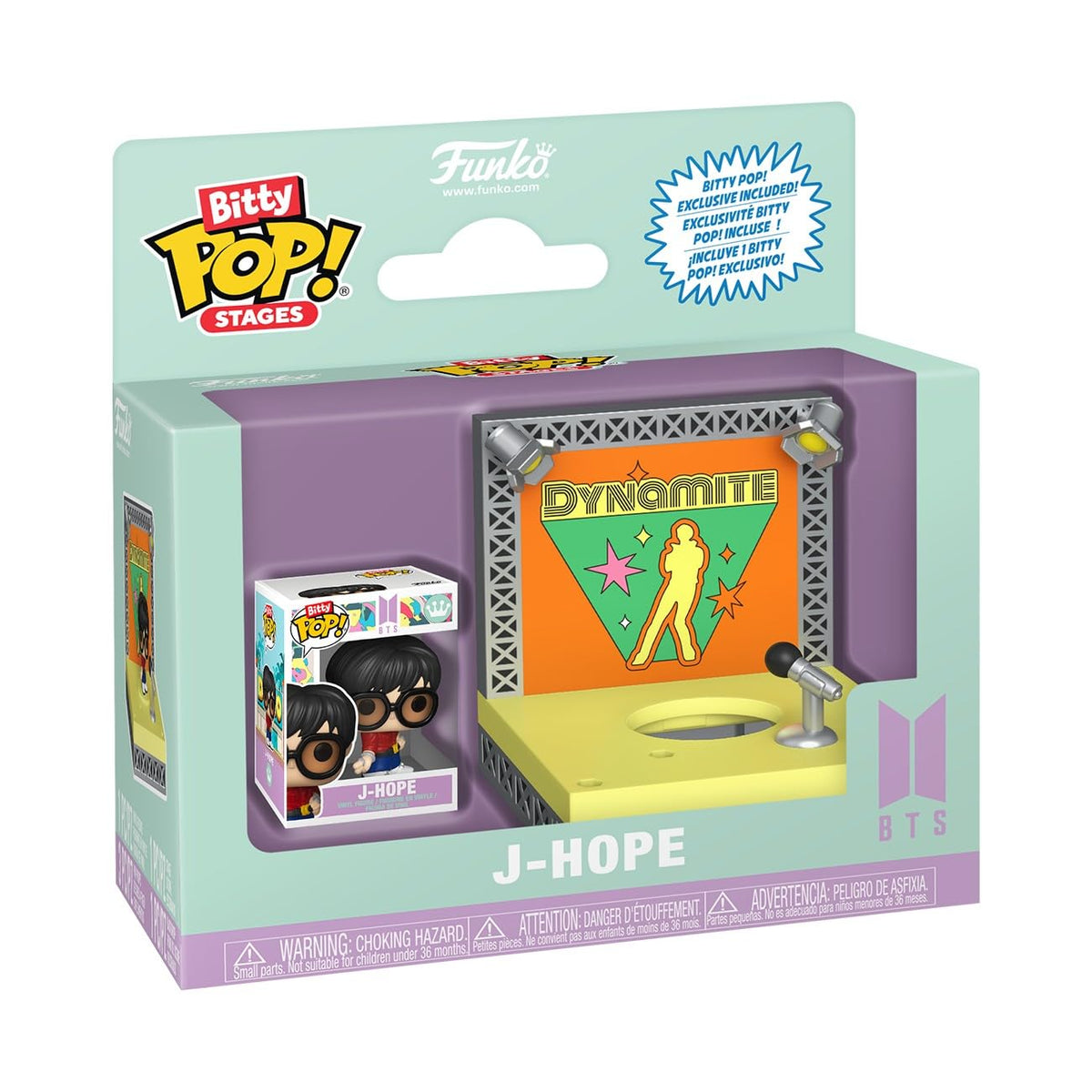 Authentic Funko Pop! Bitty Stages of BTS's J-Hope featuring a vibrant Dynamite stage. Ideal for collectors!