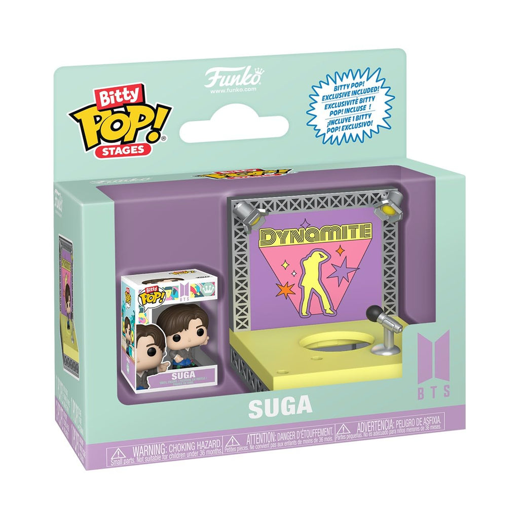 Authentic Funko Pop! Bitty Stages: BTS Dynamite featuring Suga, exclusive collectible with vibrant packaging.