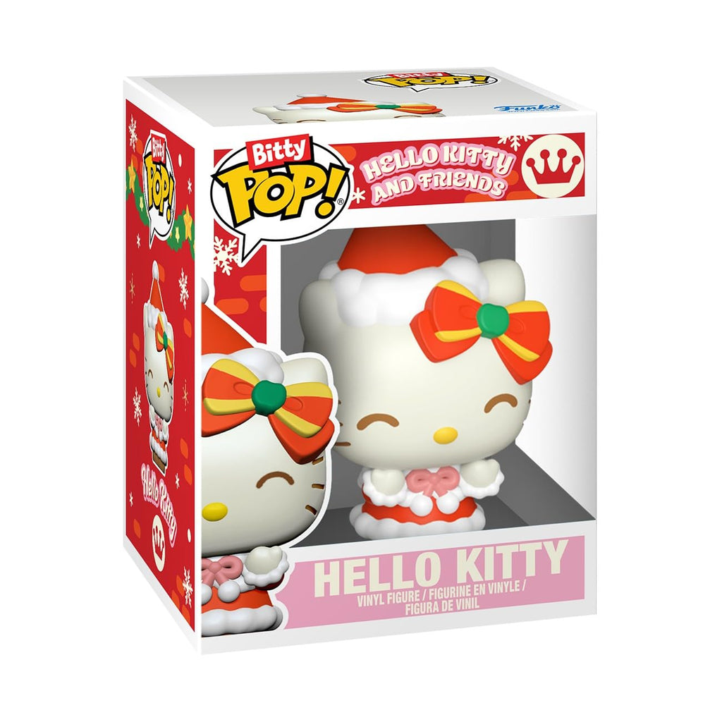 Premium imported Funko Pop! Bitty Town Hello Kitty figure, featuring festive design with bow and Christmas theme.