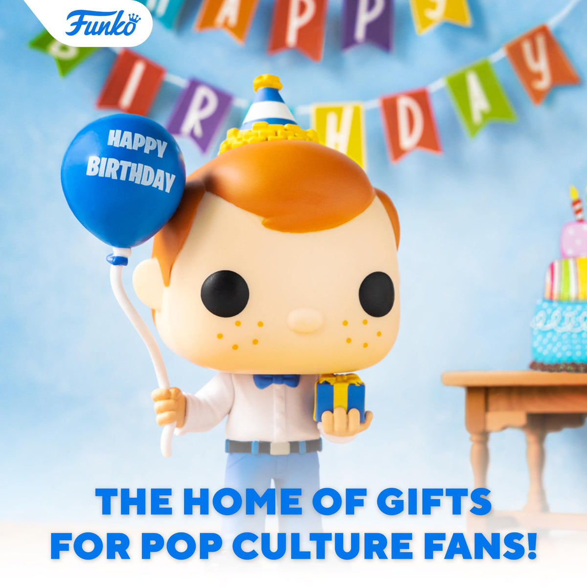 Celebrate with this Funko POP! birthday figure, featuring festive colors and a cheerful character holding a gift and balloon.
