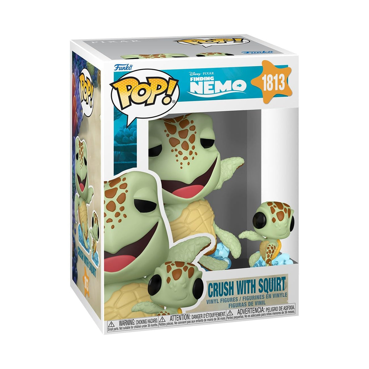 Authentic Funko POP! figures of Crush and Squirt from Disney Pixar's Finding Nemo, perfect for fans and collectors.