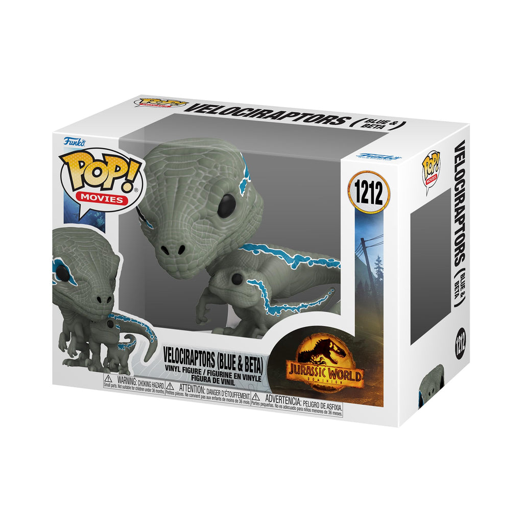 Authentic Funko POP! Velociraptors (Blue & Beta) from Jurassic World. Collectible figure in window display box.