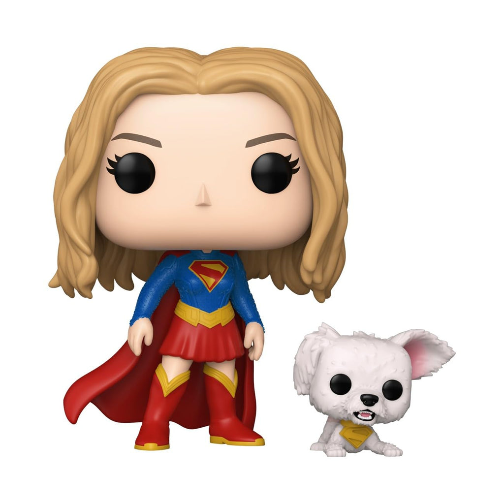 Funko POP! of Supergirl with her white puppy. Available online for delivery. Order yours today!