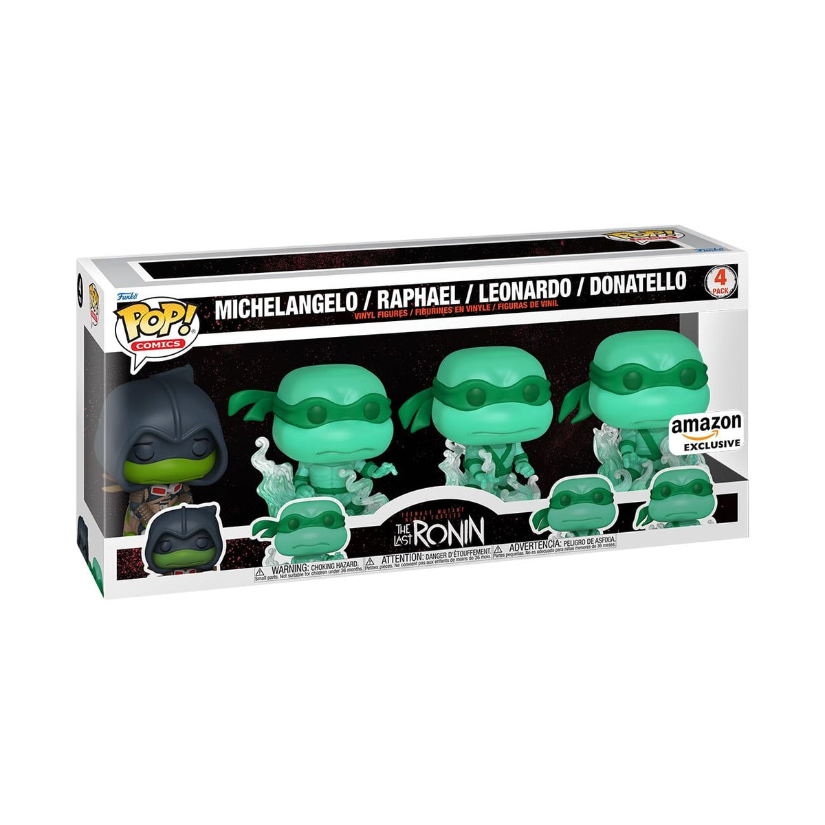 Authentic Funko Pop set featuring Michelangelo, Raphael, Leonardo, and Donatello in unique designs. Perfect for collectors!