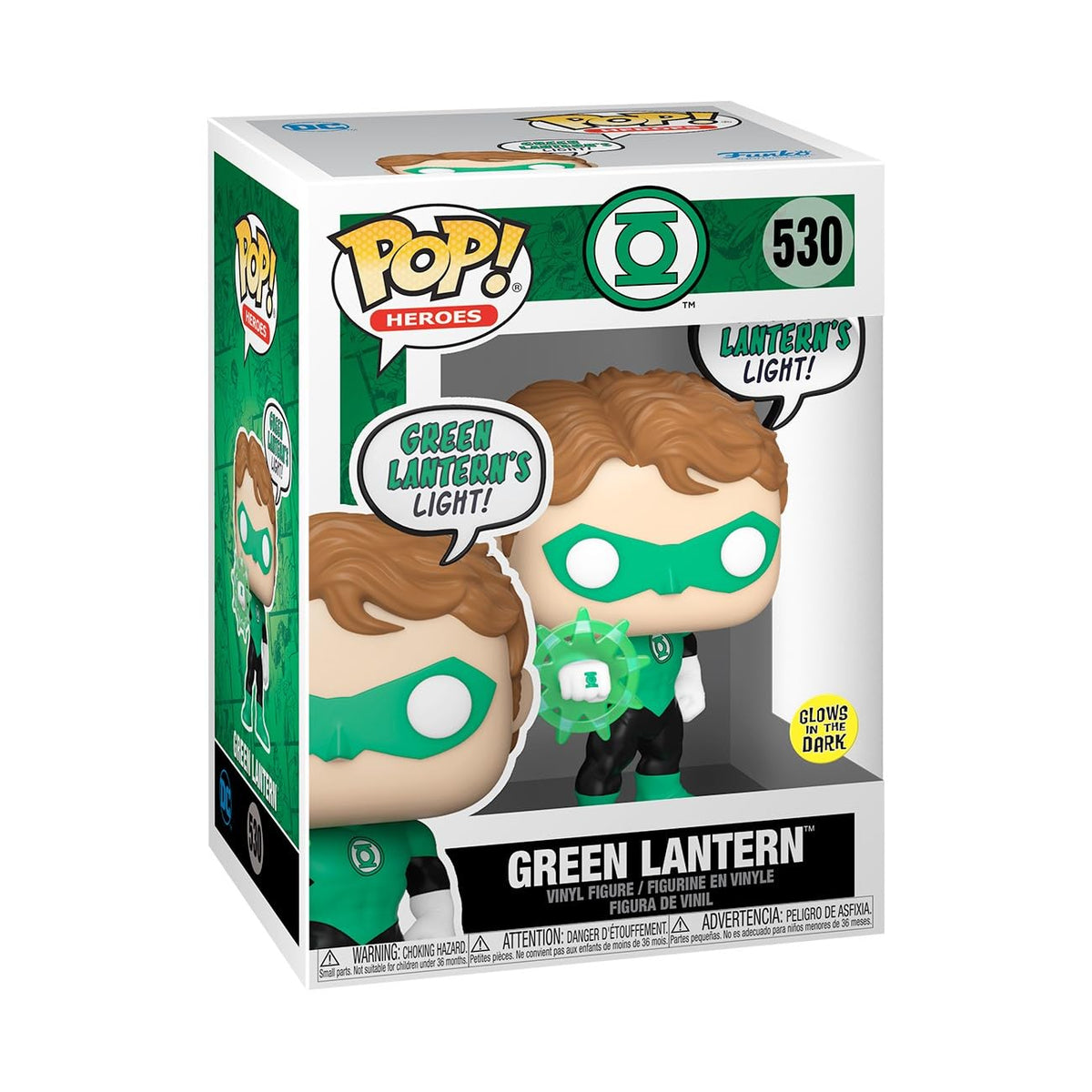 Authentic Funko POP! Green Lantern figure, number 530, glows in the dark, showcasing vibrant colors and detailed design.