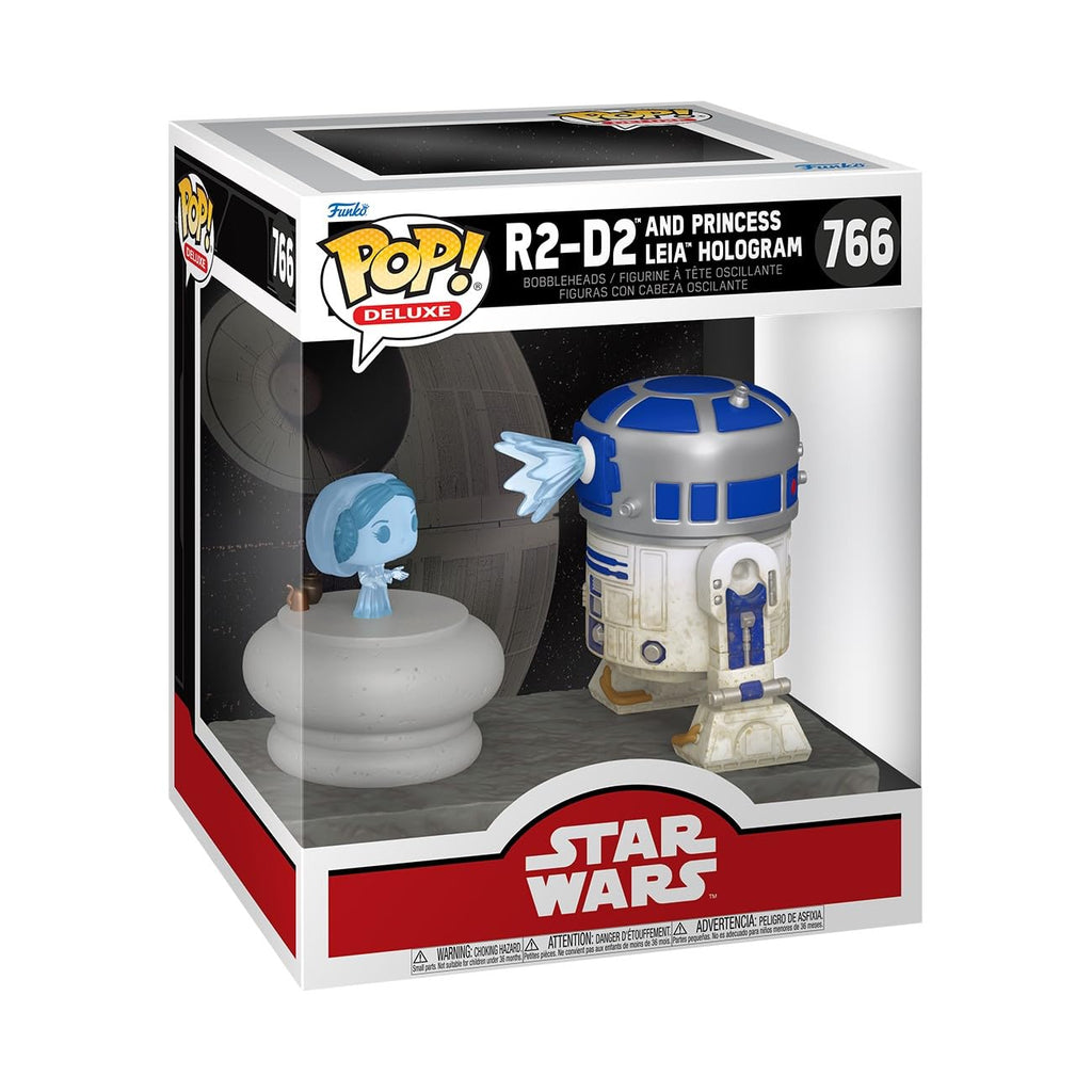 Authentic Funko POP! Deluxe R2-D2 figure with Princess Leia hologram, ideal for Star Wars collectors.