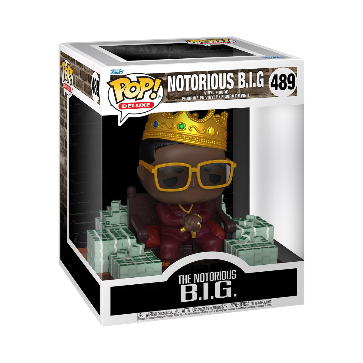 Authentic Funko POP! Deluxe figure of The Notorious B.I.G., featuring him seated on a throne with money stacks.
