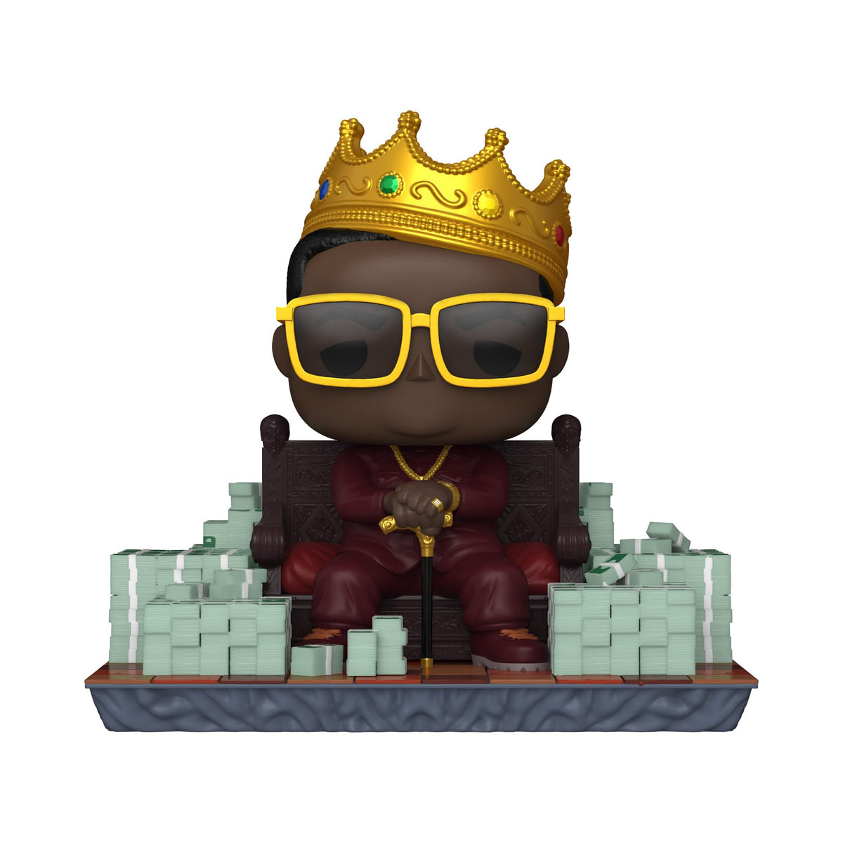Funko POP! Deluxe figure of The Notorious B.I.G. wearing a crown, sunglasses, surrounded by stacks of money. Available online now.