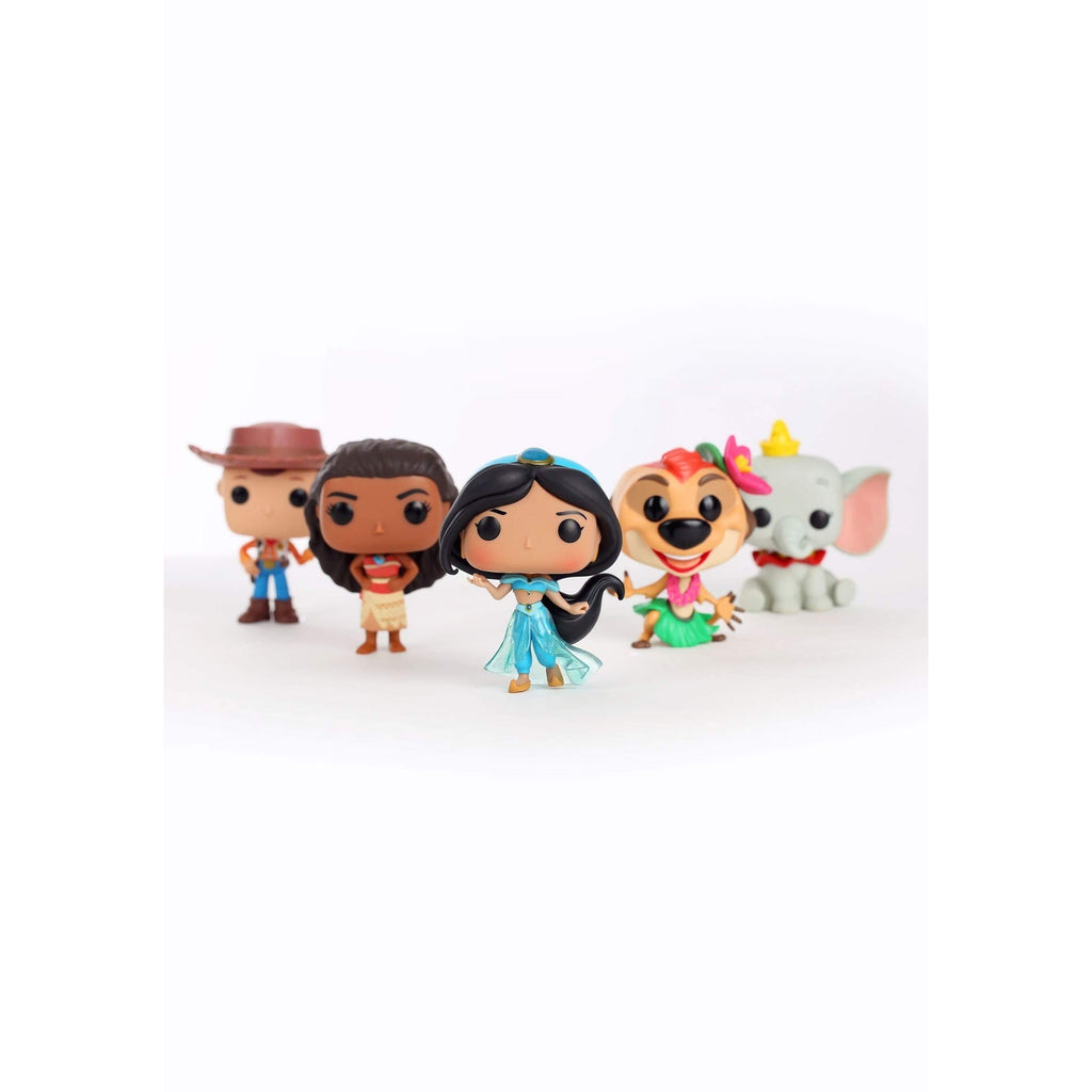 Funko Pop Disney Jasmine figure in iconic blue dress, surrounded by themed figures. Verified by CuratCart for quality assurance.