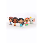 Funko Pop Disney Jasmine figure in iconic blue dress, surrounded by themed figures. Verified by CuratCart for quality assurance.