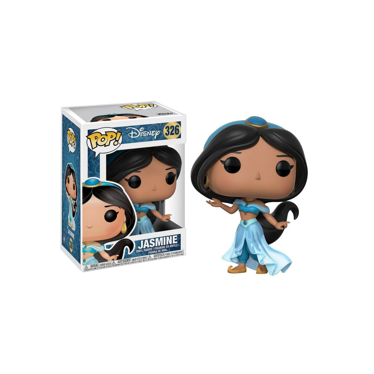 Premium imported Funko Pop Disney figure of Jasmine from Aladdin, featuring her iconic blue outfit and flowing hair.