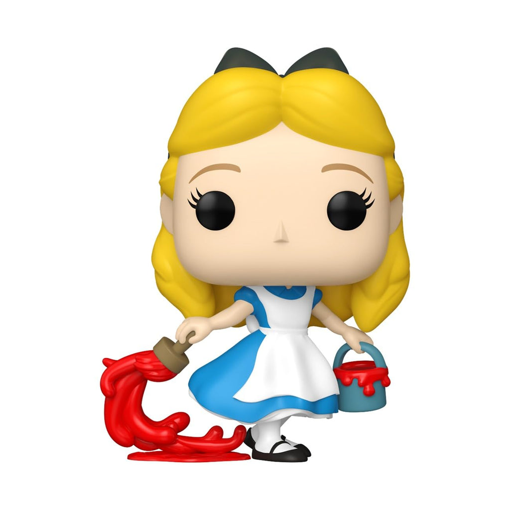 Order the Funko Pop! Disney Alice in Wonderland figure, featuring Alice with a paint bucket and red paint. Available online.