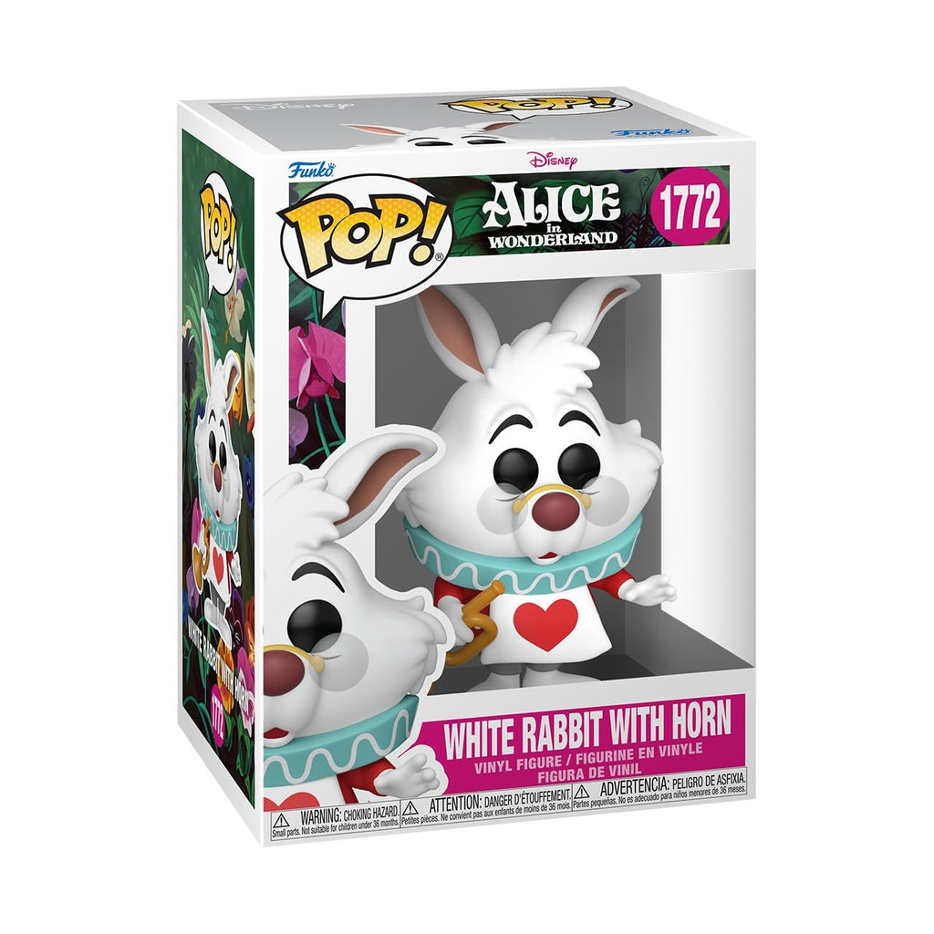 100% genuine Funko Pop! vinyl figure of the White Rabbit from Disney's Alice in Wonderland, featuring a horn and vibrant colors.