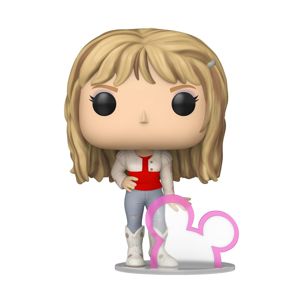 Hannah Montana Funko Pop toy stands with blonde hair and jeans, perfect for Disney fans. Available online now!