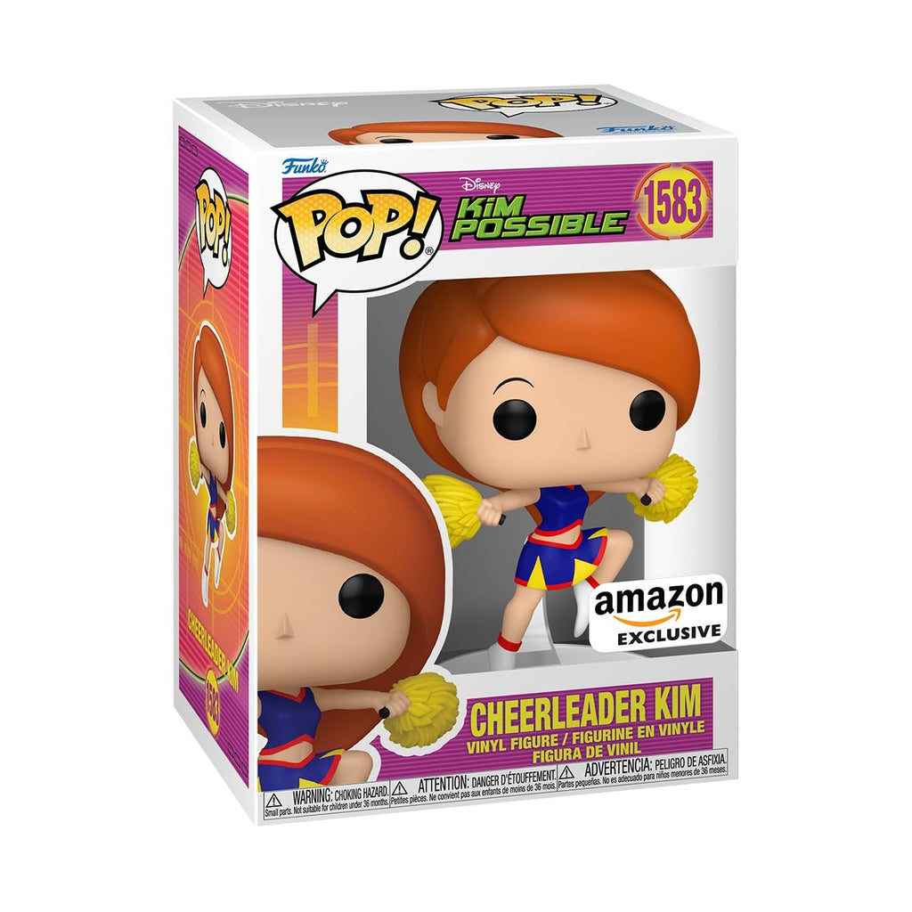 Authentic Funko POP! figure of Kim Possible as a cheerleader, exclusive to Amazon, in vibrant colors with pom-poms.