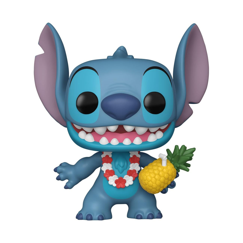 Collectible Funko POP! Stitch from Lilo & Stitch, wearing a lei and holding a pineapple. Verified by CuratCart.