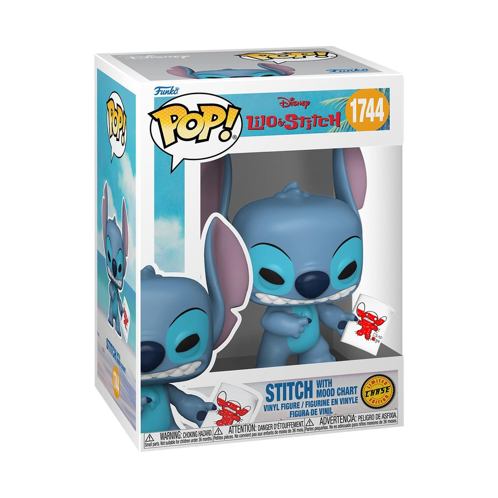 Premium imported Funko POP! of Stitch from Disney's Lilo & Stitch, featuring a mood chart. Collectible vinyl figure.