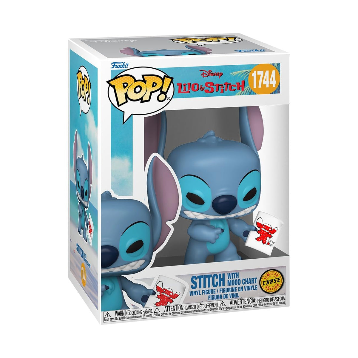 Premium imported Funko POP! of Stitch from Disney's Lilo & Stitch, featuring a mood chart. Collectible vinyl figure.