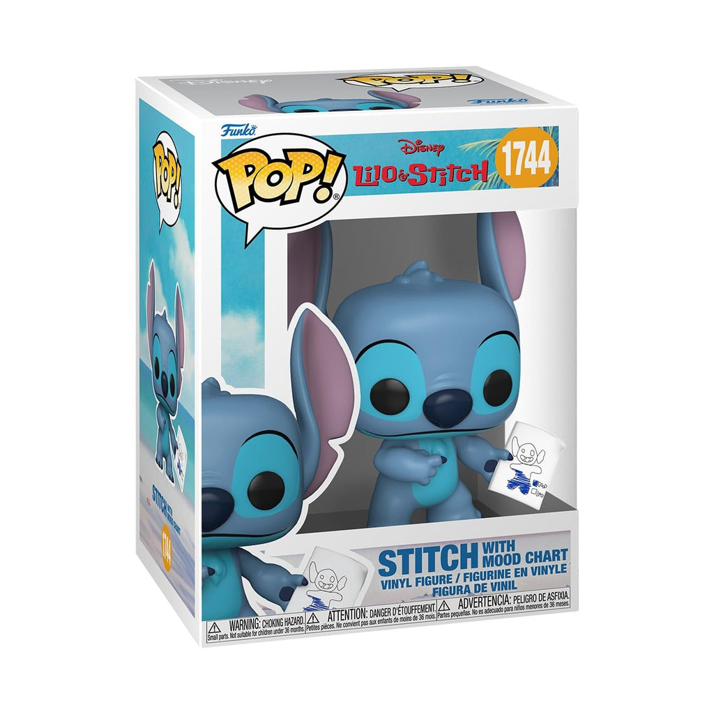 100% authentic Funko POP! figure of Stitch from Lilo & Stitch, features a mood chart accessory, perfect for collectors.